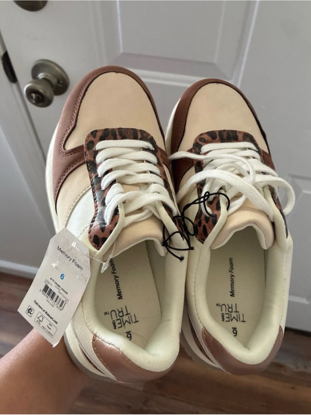 Time and Tru Cream and Brown Sneakers with Leopard Trim